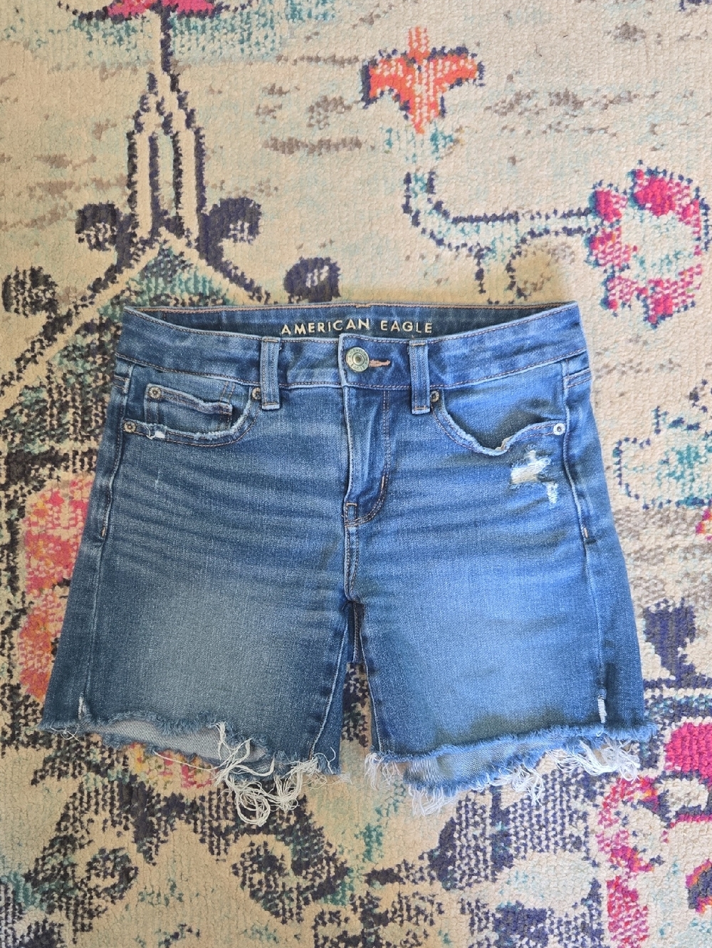 American Eagle Outfitters High-Rise Distressed Denim Shorts - Blue Wash